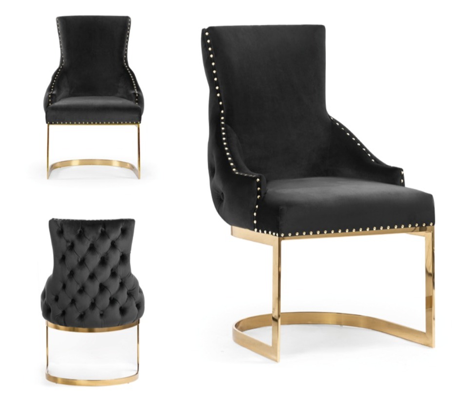 Scaun dining din catifea negru/auriu chesterfield Tuluza