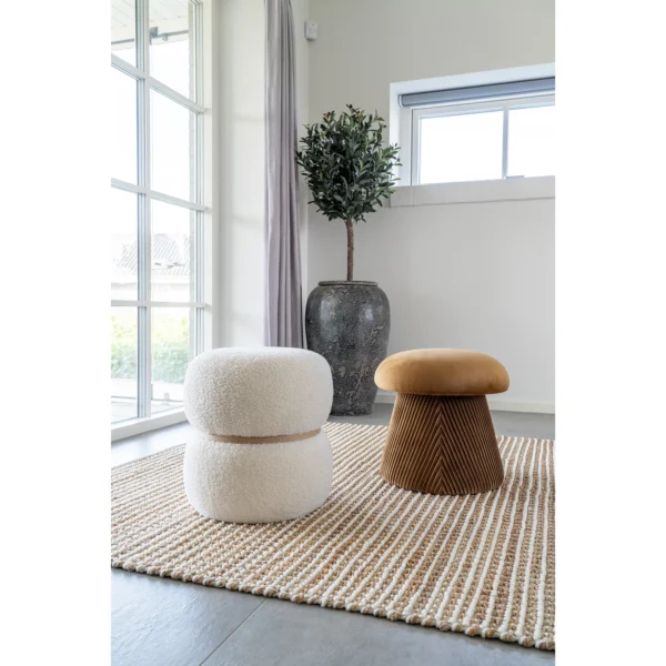 Taburet alb din boucle cu insertie de lemn Francesca - imagine 2