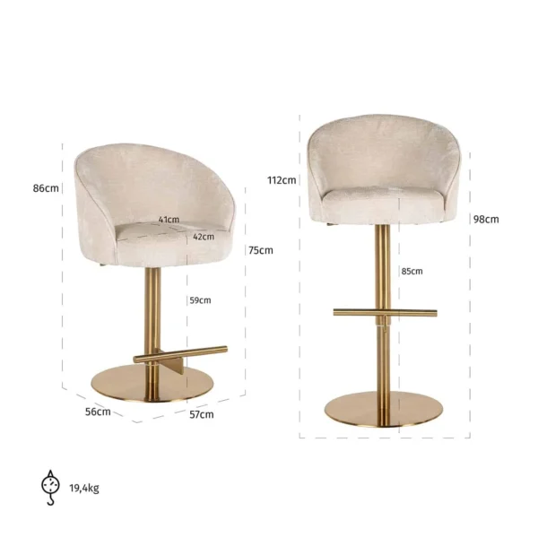 Scaun de bar rotativ ajustabil alb ivoire din chenille New York - imagine 7