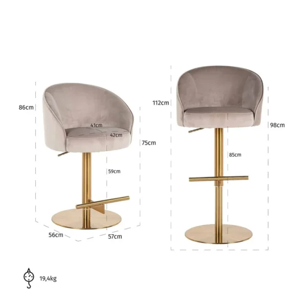 Scaun de bar rotativ ajustabil bej kaki din catifea New York - imagine 6