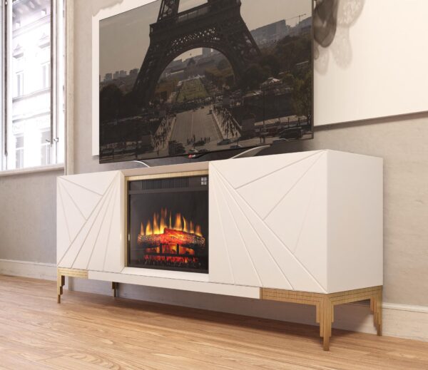 Comoda alba din MDF si picioare metalice cu semineu Nova