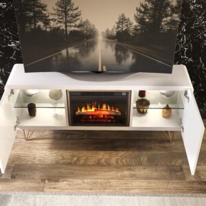 Comoda alba din MDF si picioare metalice cu semineu Sirius