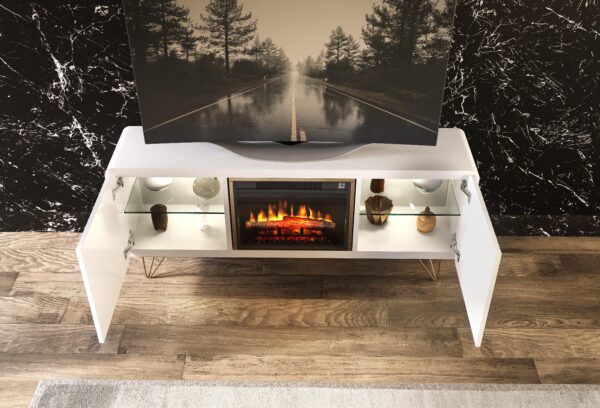 Comoda alba din MDF si picioare metalice cu semineu Sirius - imagine 2
