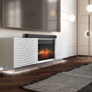 Comoda alba din MDF si suport metalic cu semineu Lacerta