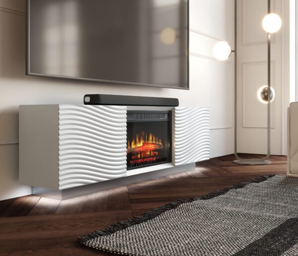 Comoda alba din MDF si suport metalic cu semineu Lacerta