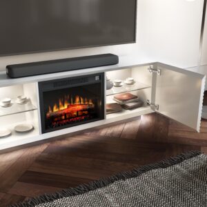 Comoda alba din MDF si suport metalic cu semineu Lacerta