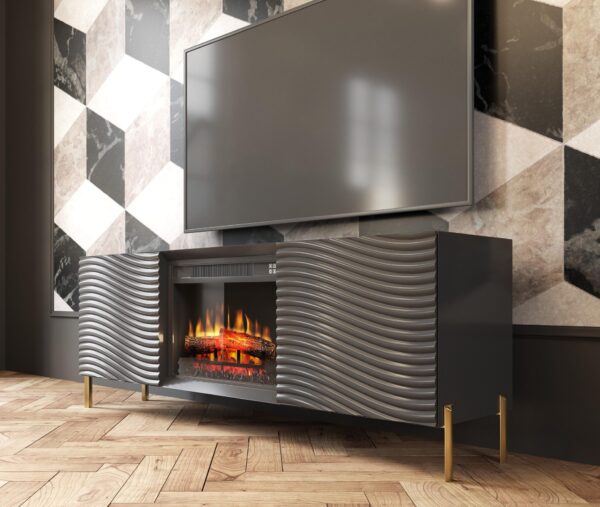 Comoda neagra din MDF si picioare metalice cu semineu Antilia
