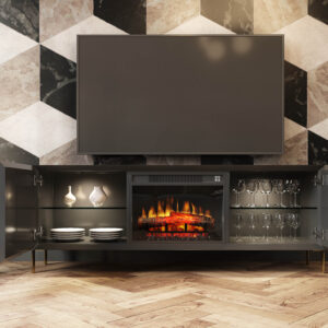Comoda neagra din MDF si picioare metalice cu semineu Antilia