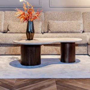 Masa de cafea maro/bej din travertin si lemn Douglas