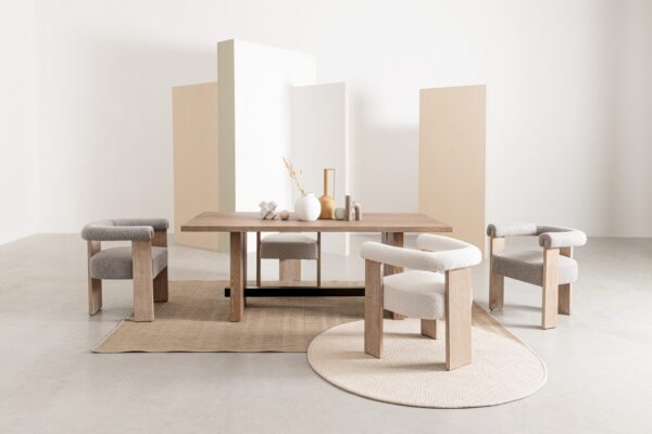 Scaun dining bej/gri din lemn si tesatura boucle Agape - imagine 9