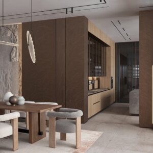 Scaun dining bej/gri din lemn si tesatura boucle Agape