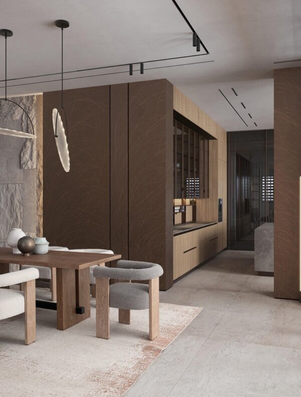 Scaun dining bej/gri din lemn si tesatura boucle Agape - imagine 2
