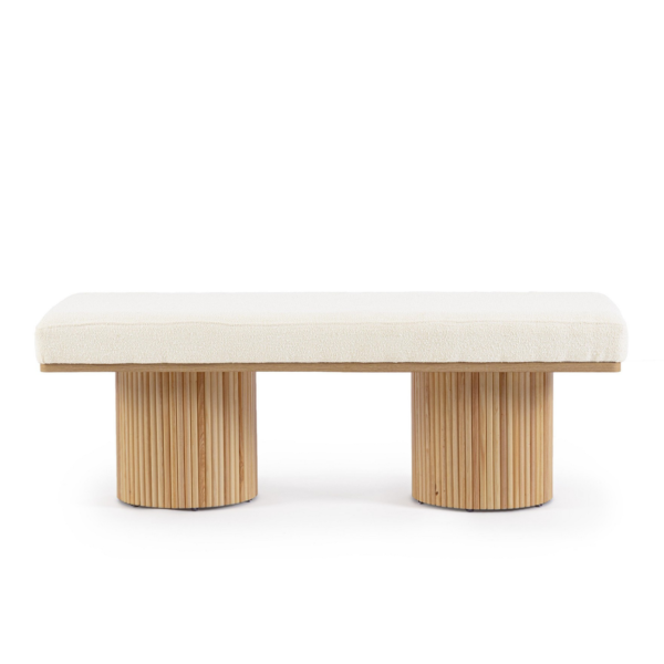 Bancheta bej natur/alba din MDF, lemn si tesatura boucle Floriana