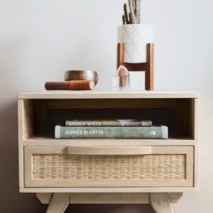 Noptiera bej natur din lemn de mango si ratan Sahana