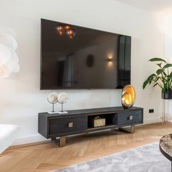 Comoda TV neagra din inox si furnir de stejar Hunter - imagine 2