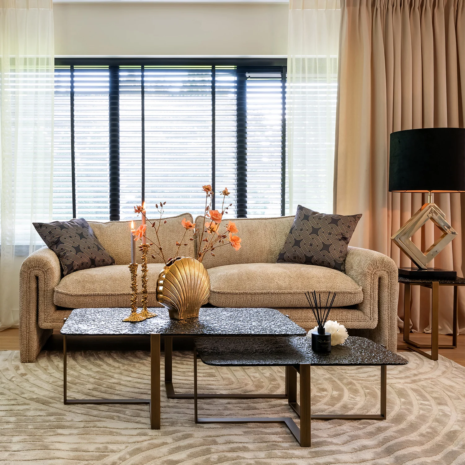 Set 2 mese de cafea negre/aurii din metal si sticla Sterling - imagine 6