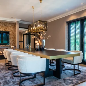 Scaun dining bej alb din tesatura chenille Emerson