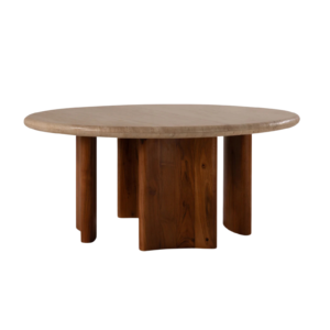 Masa de cafea rotunda maro din lemn si travertin Cleo