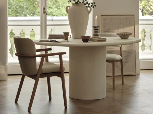 Scaun dining crem/maro din lemn si tesatura boucle Ria - imagine 2