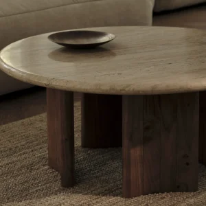 Masa de cafea rotunda maro din lemn si travertin Cleo
