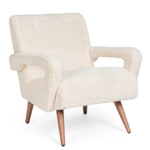 Fotoliu alb din tesatura boucle si lemn Berna