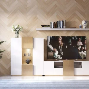 Biblioteca alb/auriu din MDF si metal Seneca