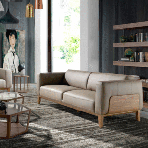 Canapea gri 3 locuri din piele naturala si lemn Musk