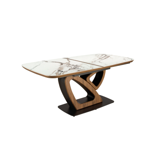 Masa dining extensibila bej/maro din marmura portelanata si lemn furniruit Barrel - imagine 4