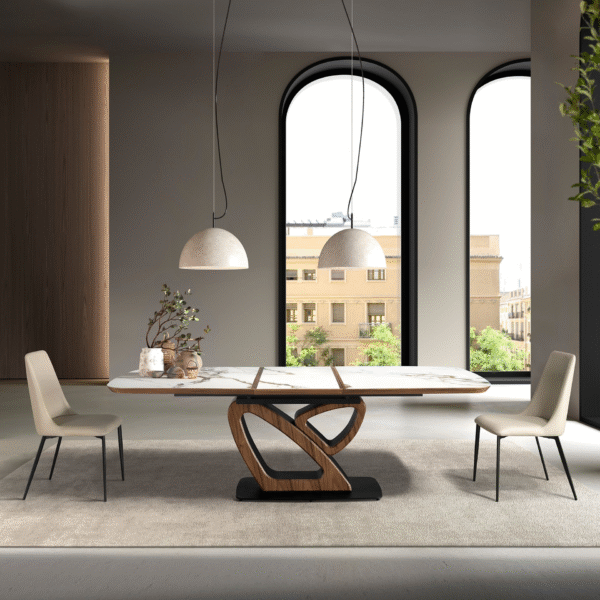 Masa dining extensibila bej/maro din marmura portelanata si lemn furniruit Barrel - imagine 2