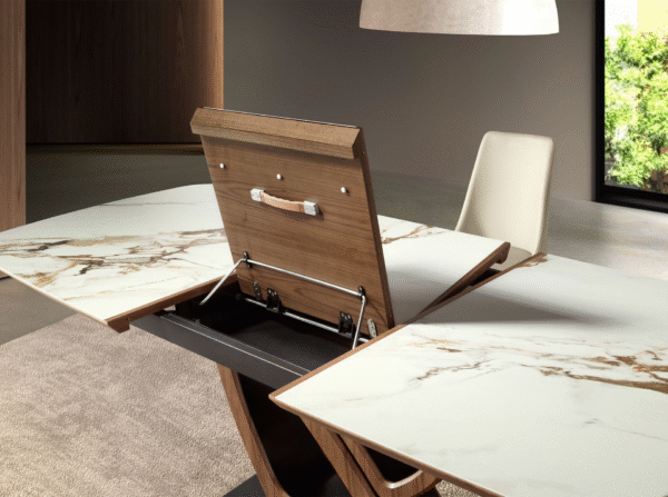 Masa dining extensibila bej/maro din marmura portelanata si lemn furniruit Barrel - imagine 7