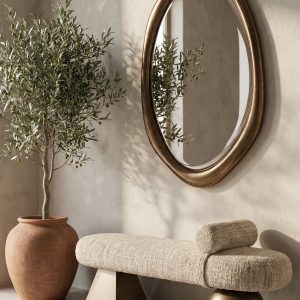 Bancheta bej/aramie din tesatura si fier Geneva