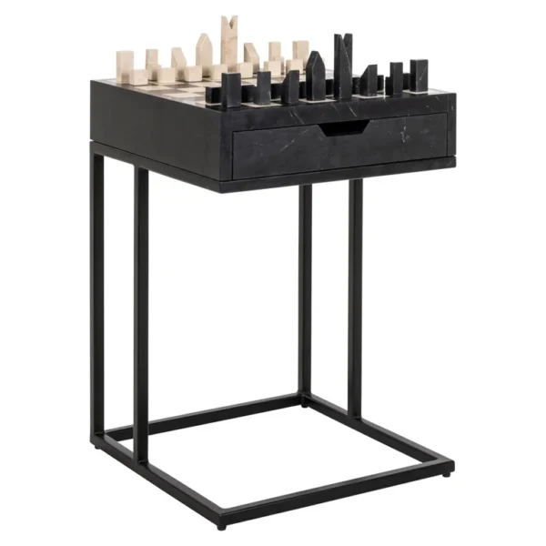 Masa laterala neagra cu tabla de sah din fier si marmura Chess