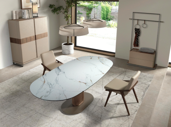 Masa dining extensibila alb/maro din portelan si otel Indie - imagine 2