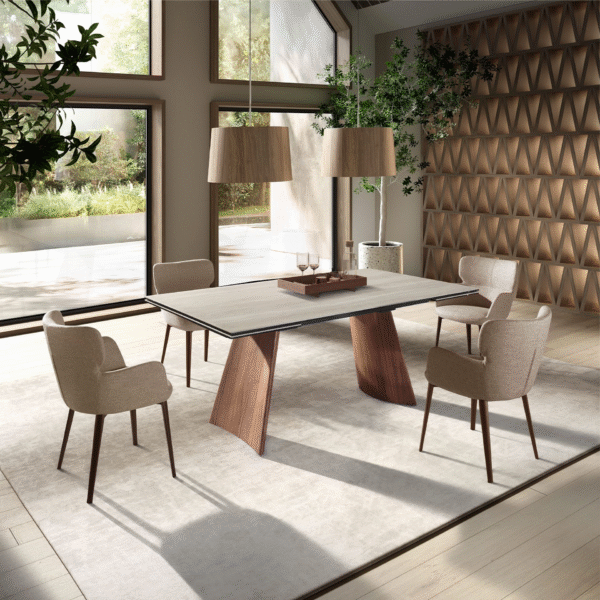 Masa dining extensibila bej/maro din portelan si otel Adda - imagine 6