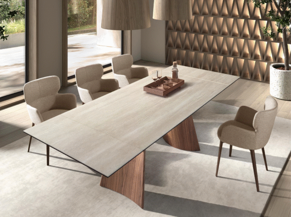Masa dining extensibila bej/maro din portelan si otel Adda - imagine 2