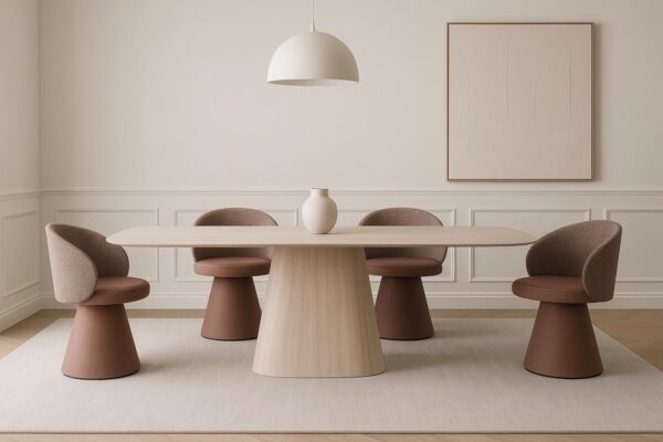 Scaun dining rotativ roz piersica din catifea si tesatura Inez - imagine 9