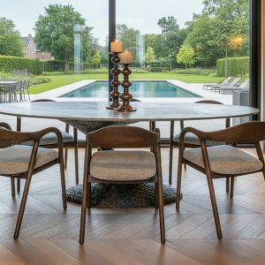 Masa dining ovala maro din aluminiu si travertin 235cm Russo