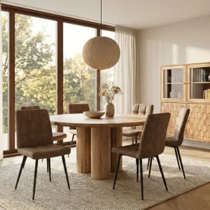 Masa dining rotunda bej natur Ø 140cm din lemn de mango Art Deco