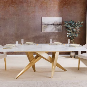 Masa dining alb/aurie 200cm din metal si ceramica Art Living