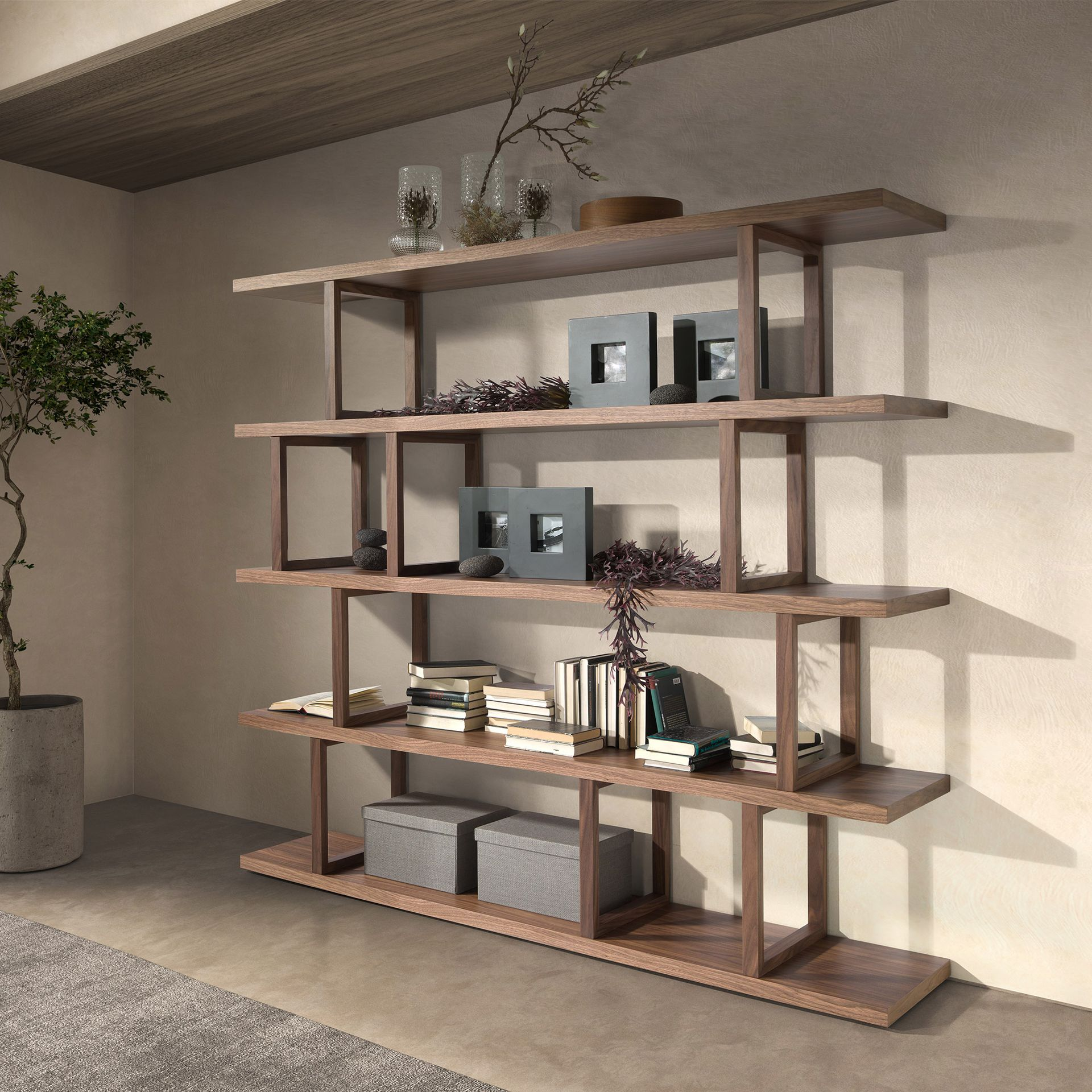 Biblioteca deschisa maro din furnir de nuc Konte - imagine 2