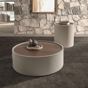 Masa de cafea maro rotunda din furnir de nuc si imitatie piele Davis